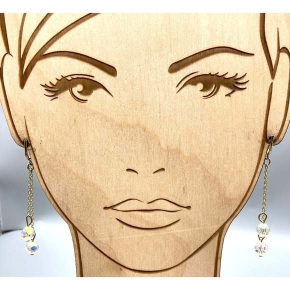 Vintage Long Dangle Crystal Earrings, Double AB Faceted Bead Drop on Gold Tone - Picture 1 of 5
